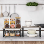 Stackable Kitchen Counter Shelves (Set of 2) -Expandable Grey Wood Organizers for Countertops & Cabinets
