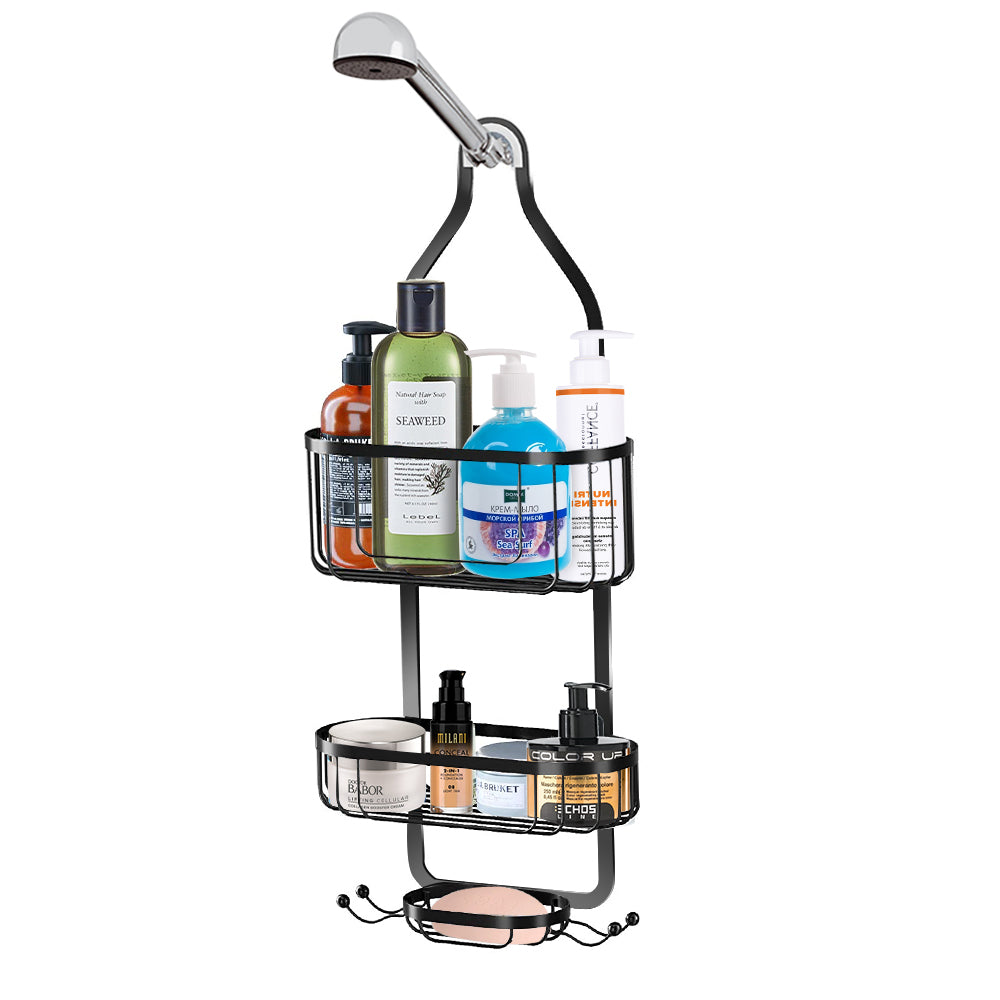 Bathroom Shower Head Hanging Caddy, Heavy Duty Powder Coated Anti-Rust Shower Organizer with 3 Storage Baskets, Drill-Free Shower Rack Accessories Holder for Bathroom Tub