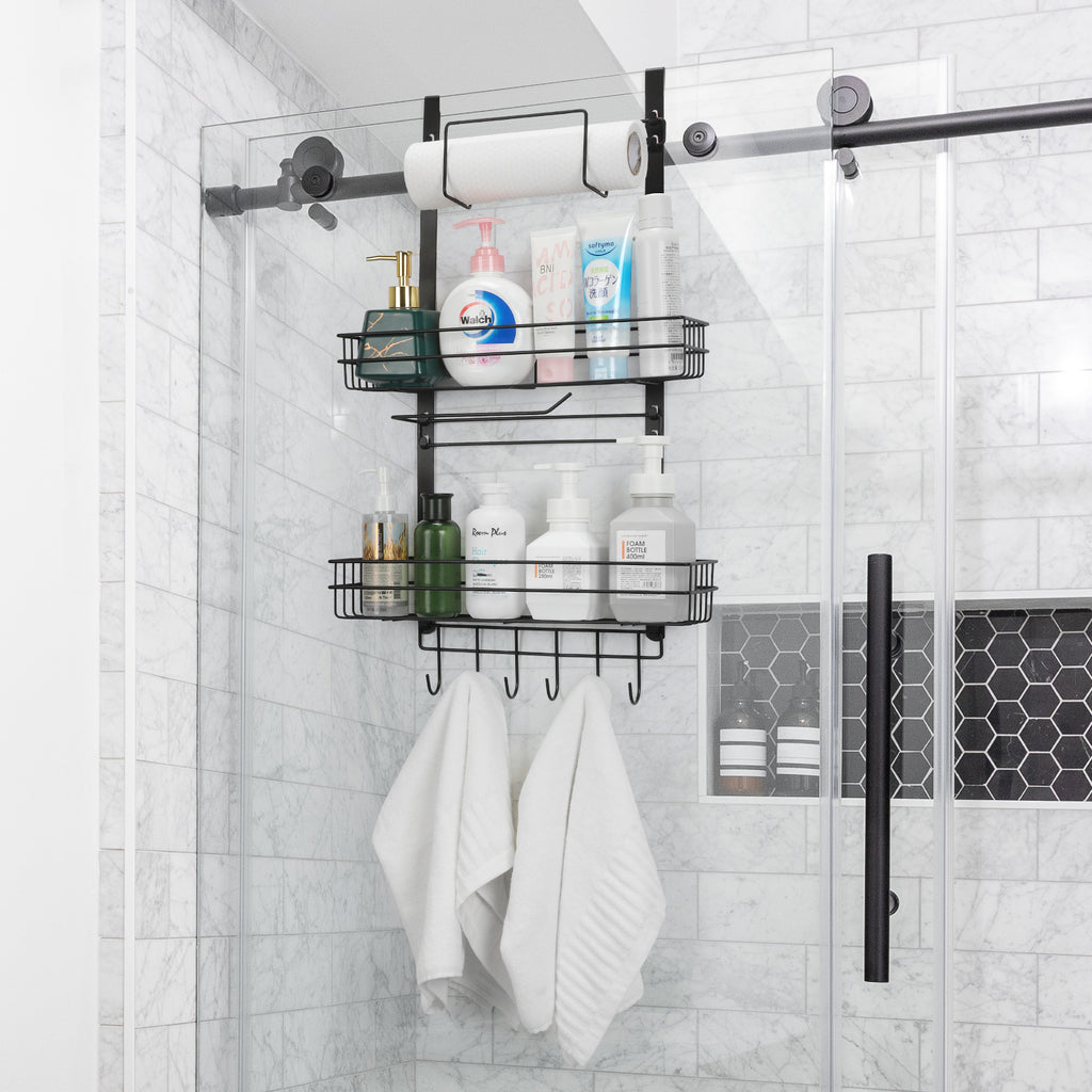 Spice Rack Organizer with Paper Towel Holder & Hooks, 2-Tier Refrigerator Side Storage Shelf, Black
