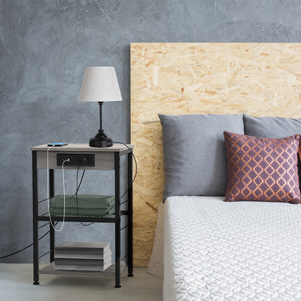 Nightstand with Charging Station Bedroom End Tables with USB Ports and Outlets 3 Tier Bed Side Table with Storage Shelves Farmhouse Night Stand with Power Charging for Living Room Study