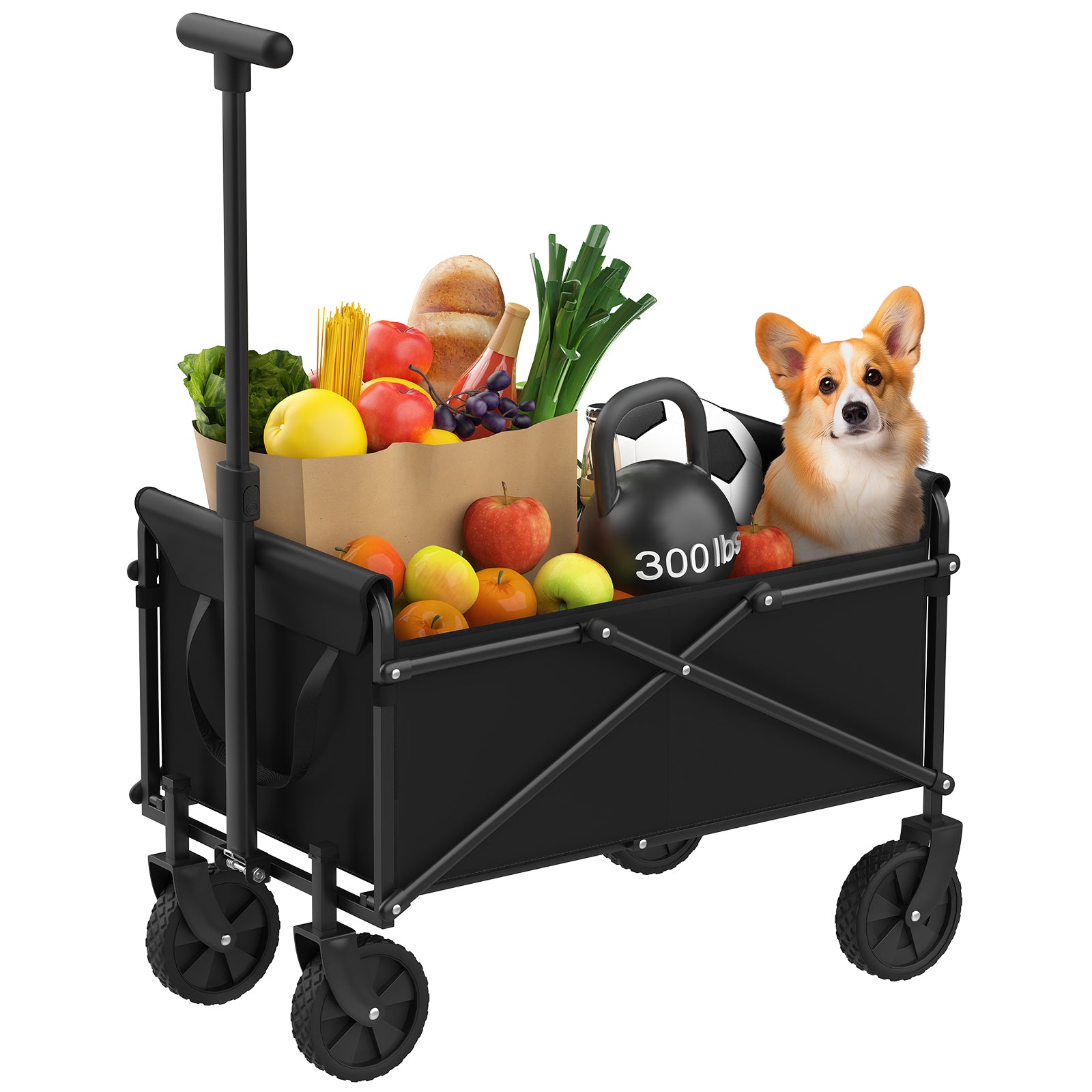 Collapsible Heavy Duty Wagon Cart, 300 LBS Large Capacity Foldable Utility Cart with Adjustable Handle & All-Terrain Wheels, Waterproof Outdoor Beach Camping Grocery Garden Shopping Cart, Black