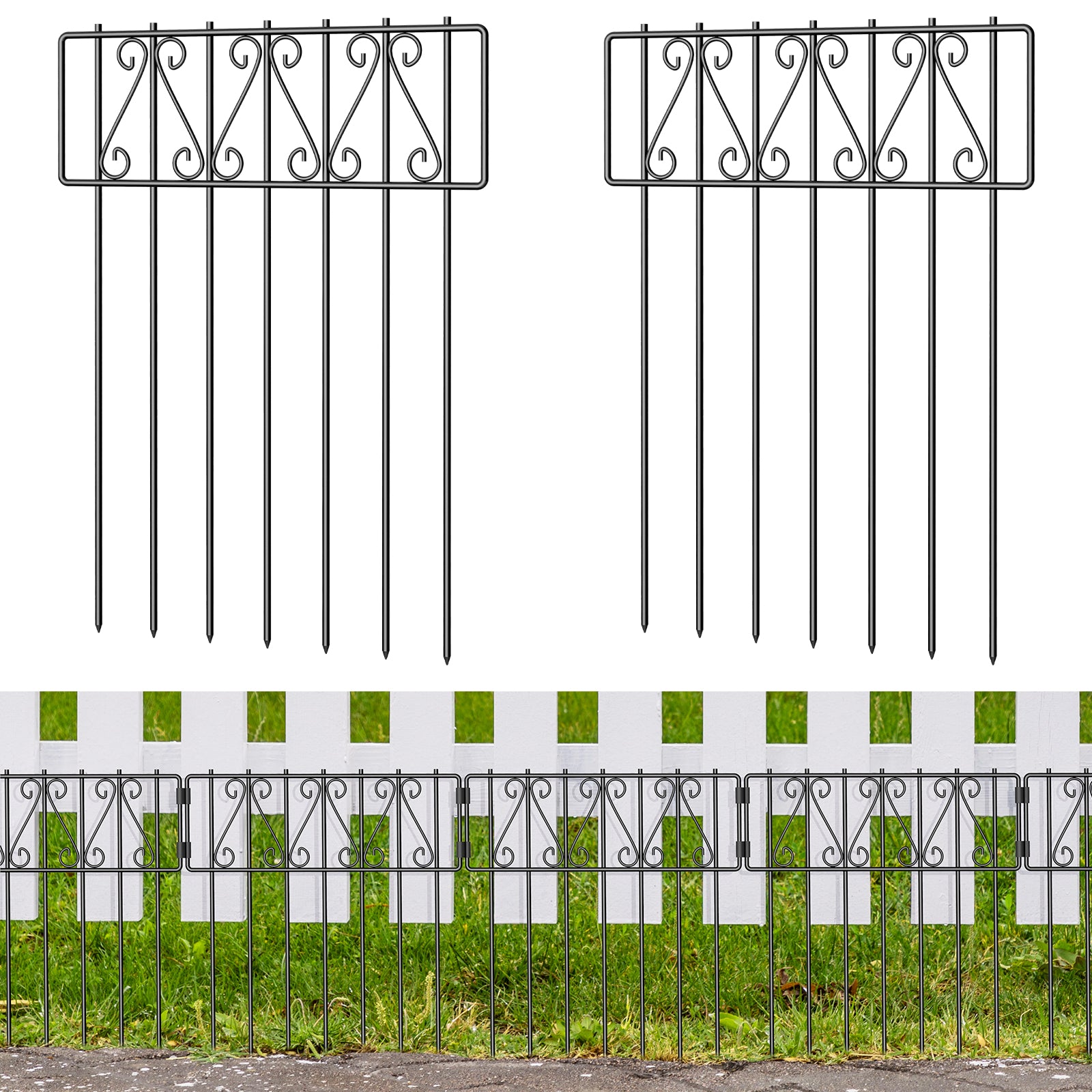10-Piece Set Outdoor Garden Edging, 16.7 Inch Height x 10.8 Feet Total Length Ornamental Black Iron Barrier, Ground Stake Fencing for Pet Containment and Yard Protection