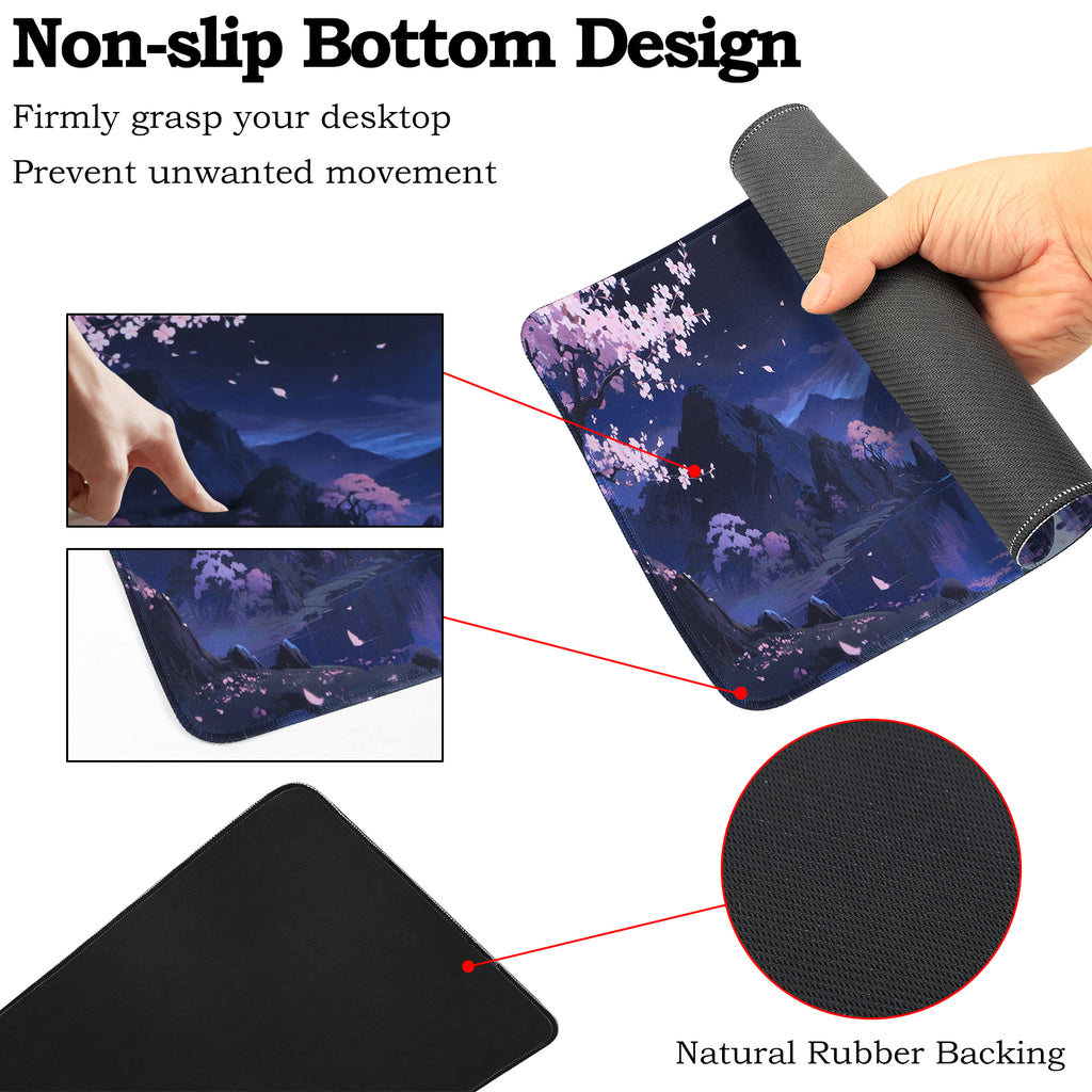 3-Piece Japanese Pagoda Desk Mat Set, Moonlight & Cherry Blossoms Extended Mouse Pad with Coaster