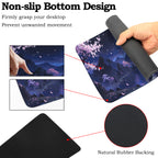 3-Piece Japanese Pagoda Desk Mat Set, Moonlight & Cherry Blossoms Extended Mouse Pad with Coaster