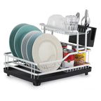 2 Tiers Dish Drying Rack for Kitchen Counter - Dish Rack with Drainboard, Rustproof Dish Drainer with Utensil Holder for Sink, Silvery