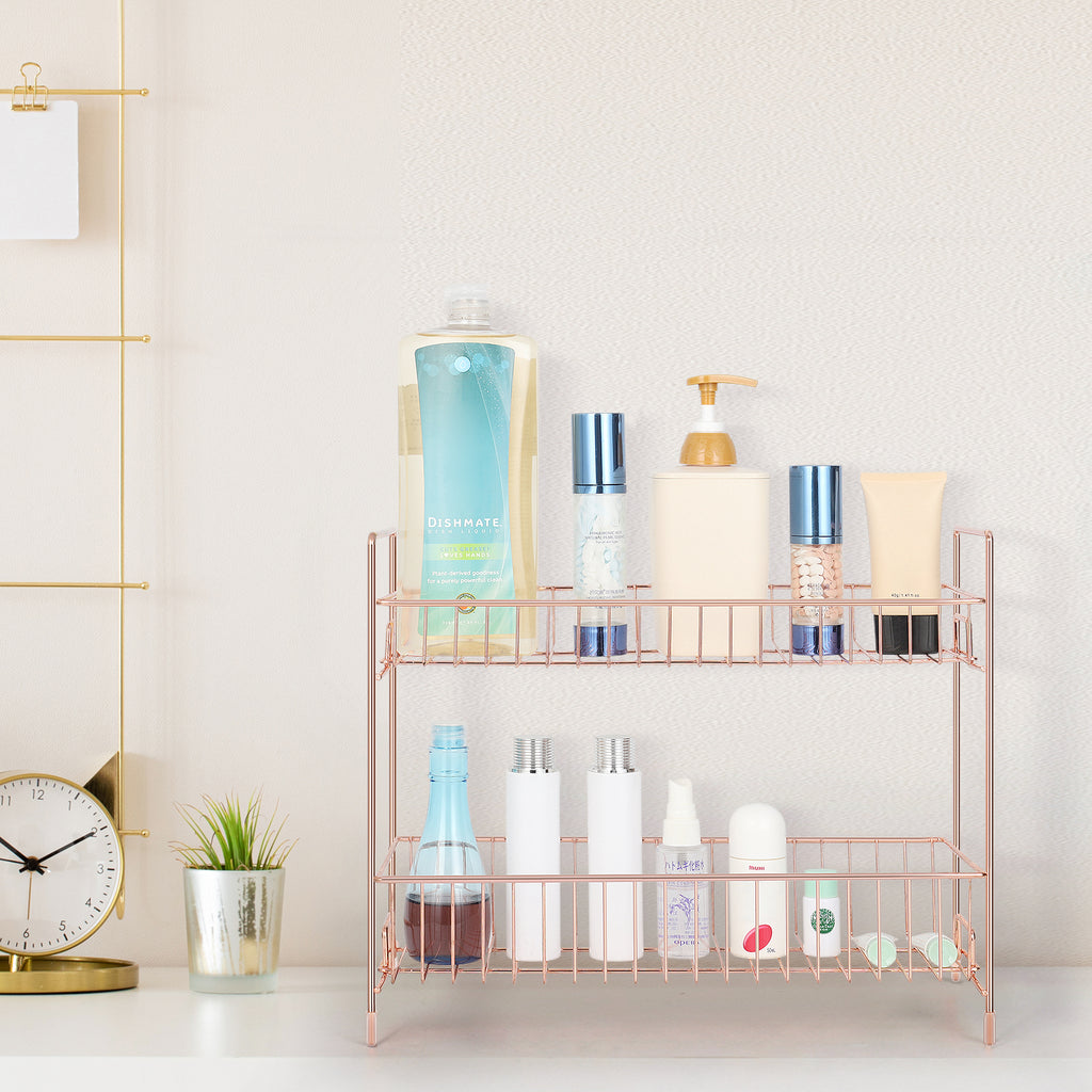 2-Tier Rose Gold Countertop Spice Rack Organizer - Elegant Metal Kitchen Storage Shelf for Jars and Bottles
