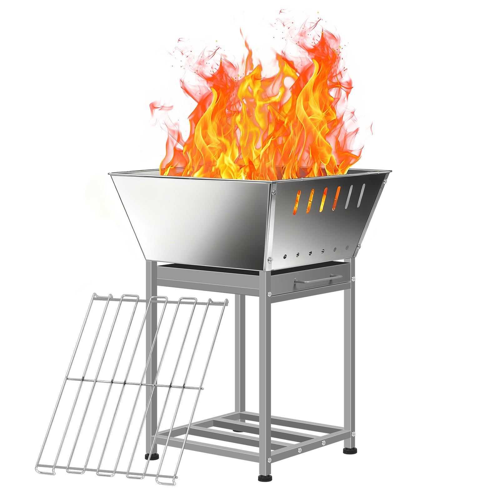 24 Inch Stainless Steel Outdoor Fire Pit, 3-in-1 Wood Burning Square Fire Pit with Cooking Grate, Storage Space & Ash Pan, Multi-functional Firepit for Camping Backyard Bonfire BBQ Picnic Patio