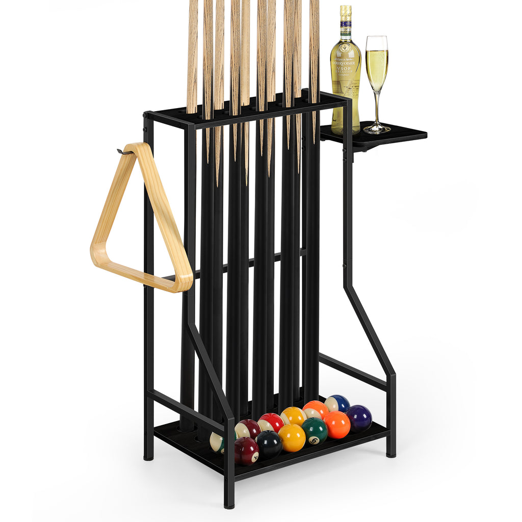 Space-Saving Bamboo Pool Cue Rack - Floor Stand Holder for 10 Billiard Sticks & Balls, Black
