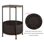 Rustic Brown 2-Tier Circular Bedside Table - Industrial Wood Nightstand with Metal Frame and Integrated Fabric Storage Bin for Home or Coffee Shop Use