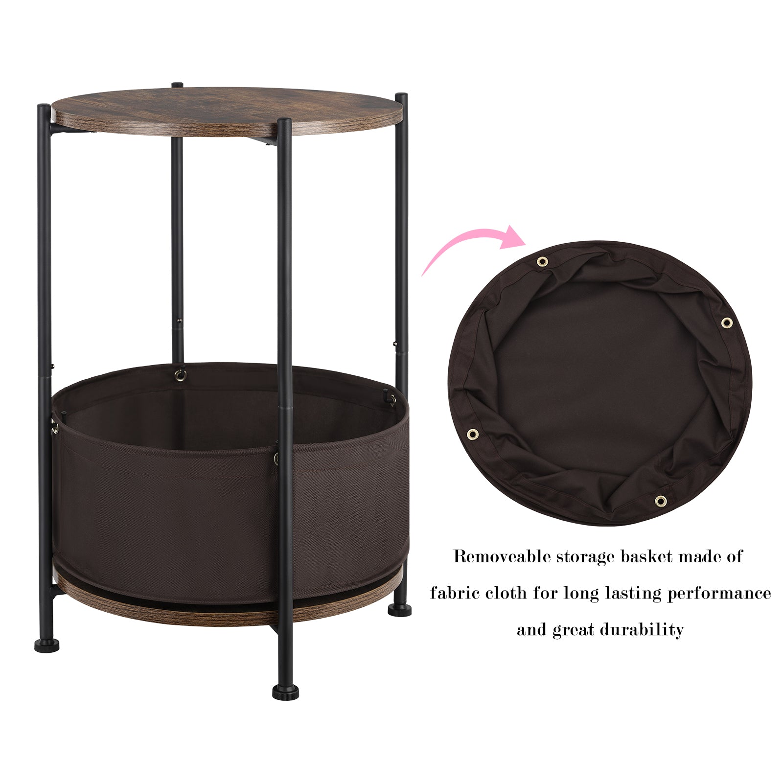 Rustic Brown 2-Tier Circular Bedside Table - Industrial Wood Nightstand with Metal Frame and Integrated Fabric Storage Bin for Home or Coffee Shop Use