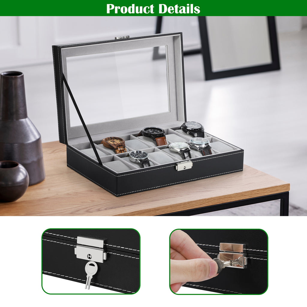Premium 6-Slot Watch Display Case - Black Leather Watch Box with Large Glass Window & Secure Lock