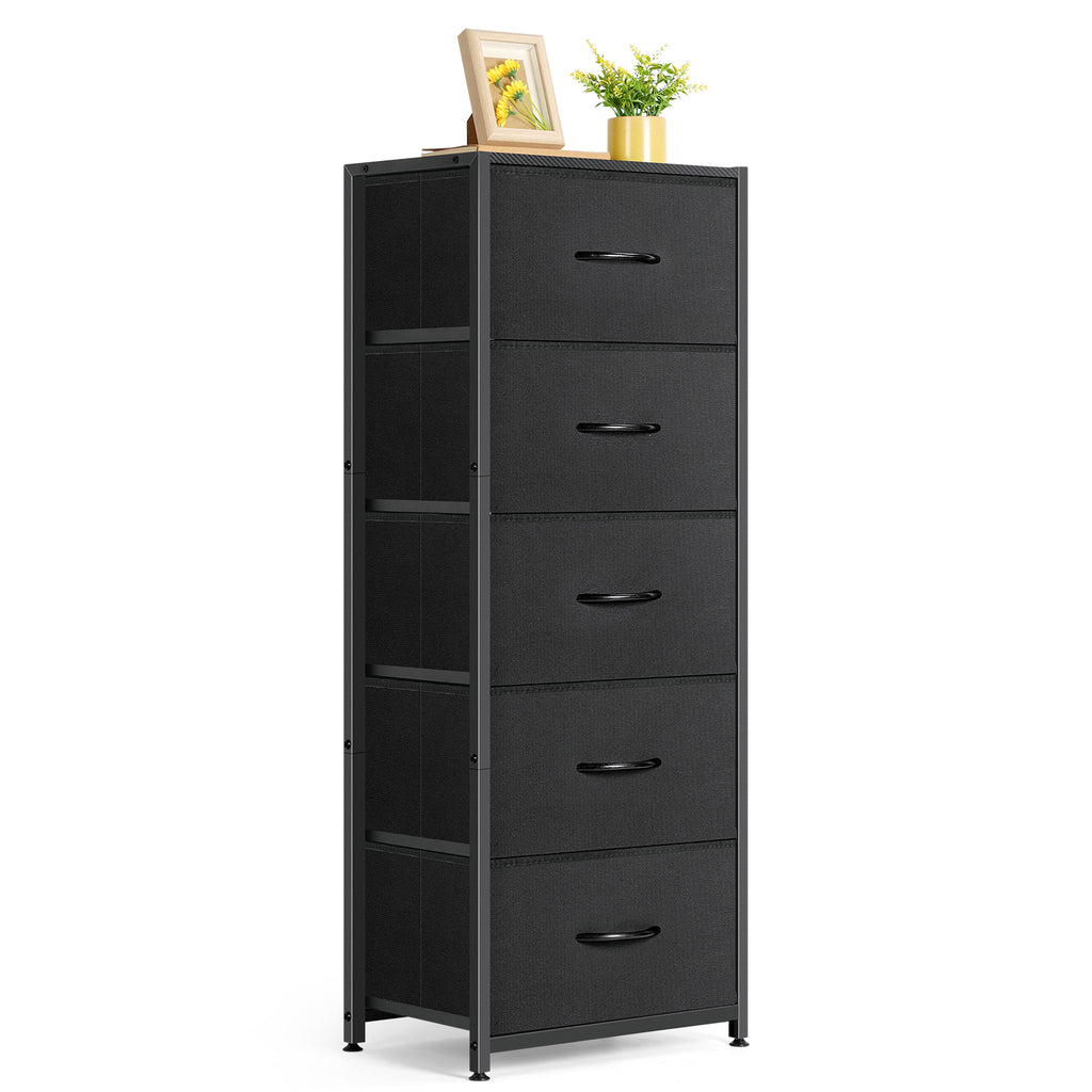 5-drawer bedroom storage cabinet with high fabric storage drawers, a tower-style storage rack with wooden top, suitable for wardrobes, living rooms, corridors, entrances, metal frame, black