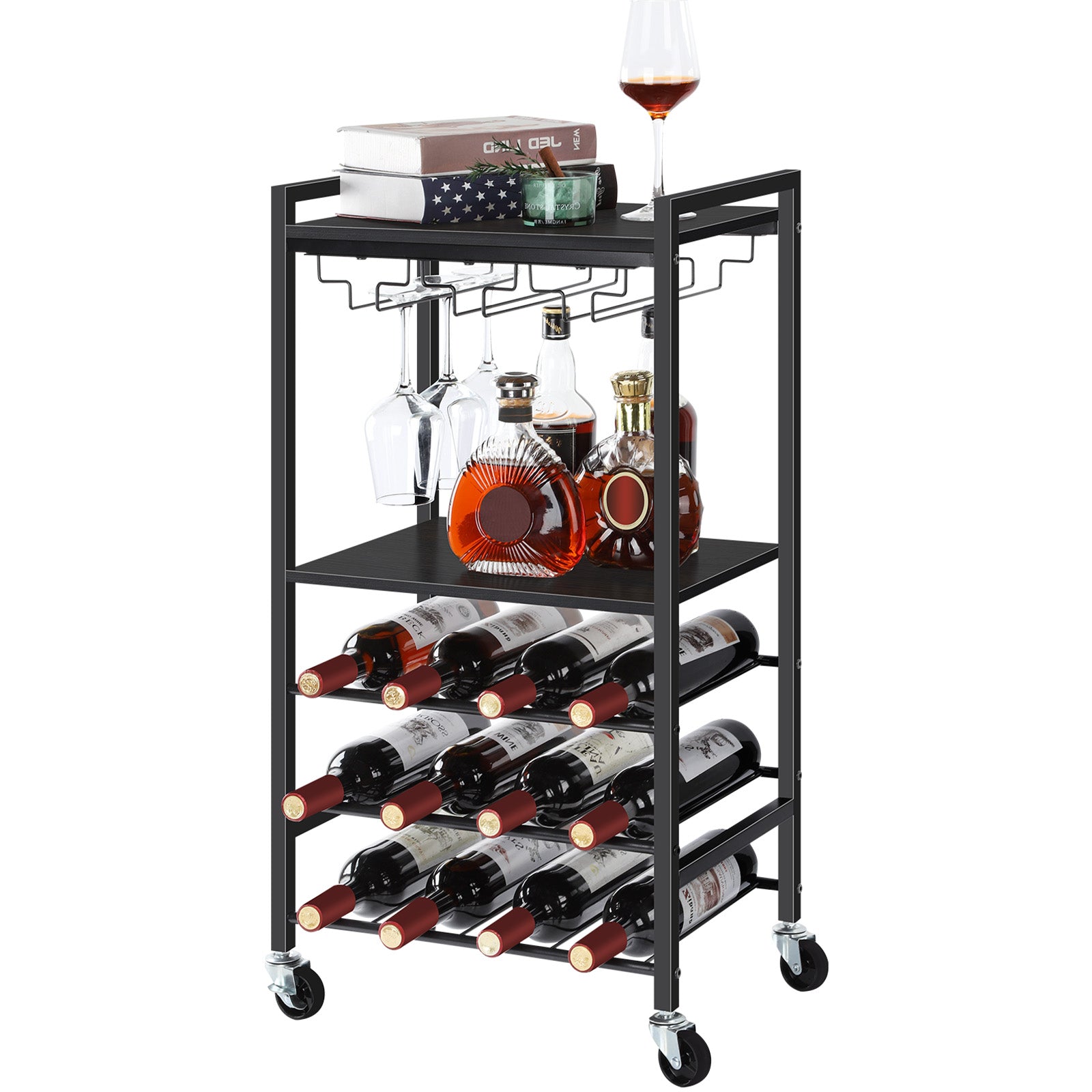 Compact Mobile Wine Bar and Beverage Cart with Glassware Racks and Integrated Bottle Storage for Kitchen and Dining Areas