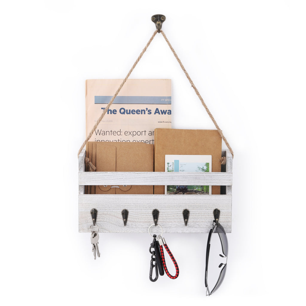 Sisal Rope Letter Slot Shelf Gray Off White, Wall Mounted Key Organizer with 5 Key Hooks, Mail Organizer for Foyers, Storage Rooms, Hallways