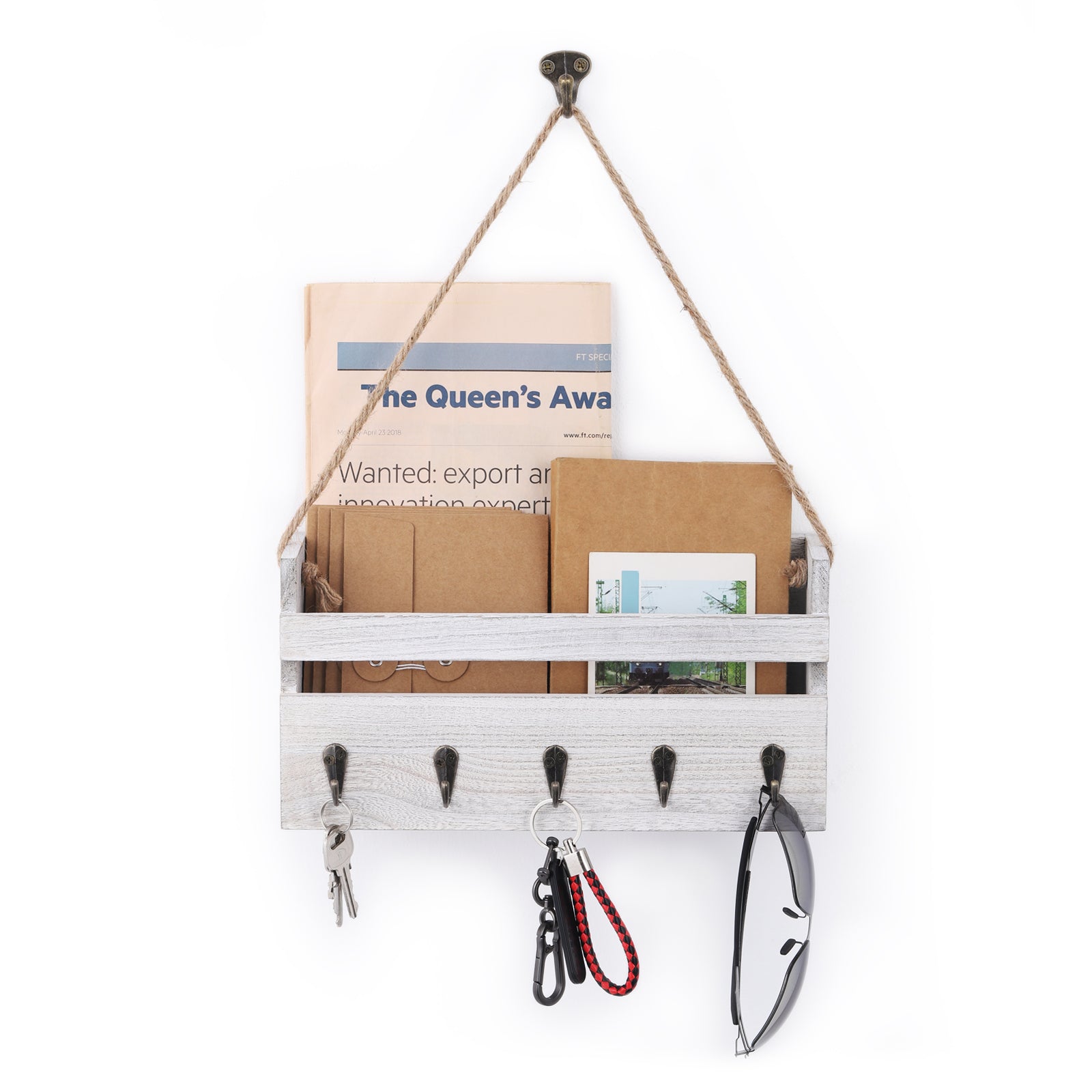 Sisal Rope Letter Slot Shelf Gray Off White, Wall Mounted Key Organizer with 5 Key Hooks, Mail Organizer for Foyers, Storage Rooms, Hallways