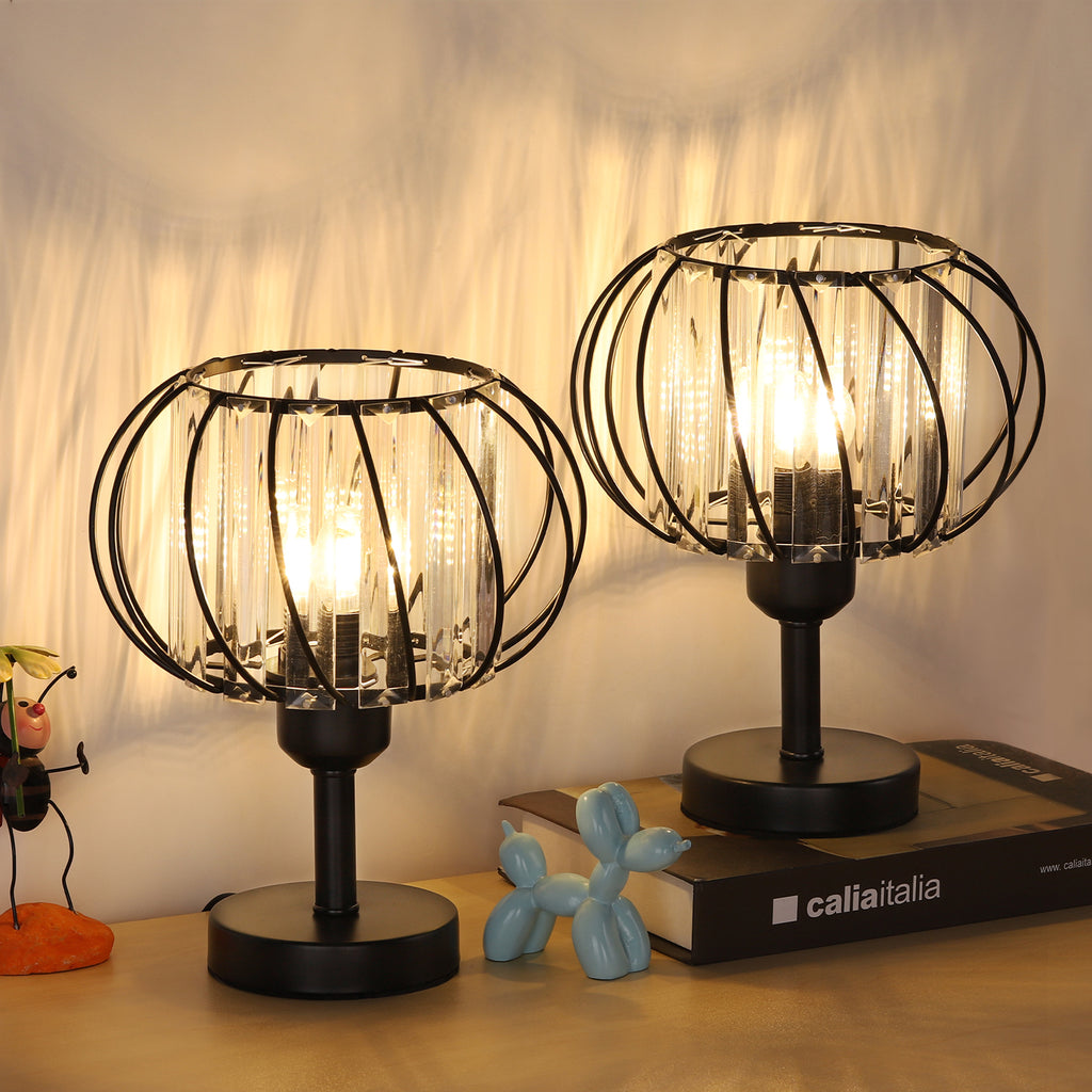 Set of 2 Elegant Crystal Nightstand Lamps, Modern Small Black Metal Base Desk Lighting for Bedroom, Living Room, and Office Reading