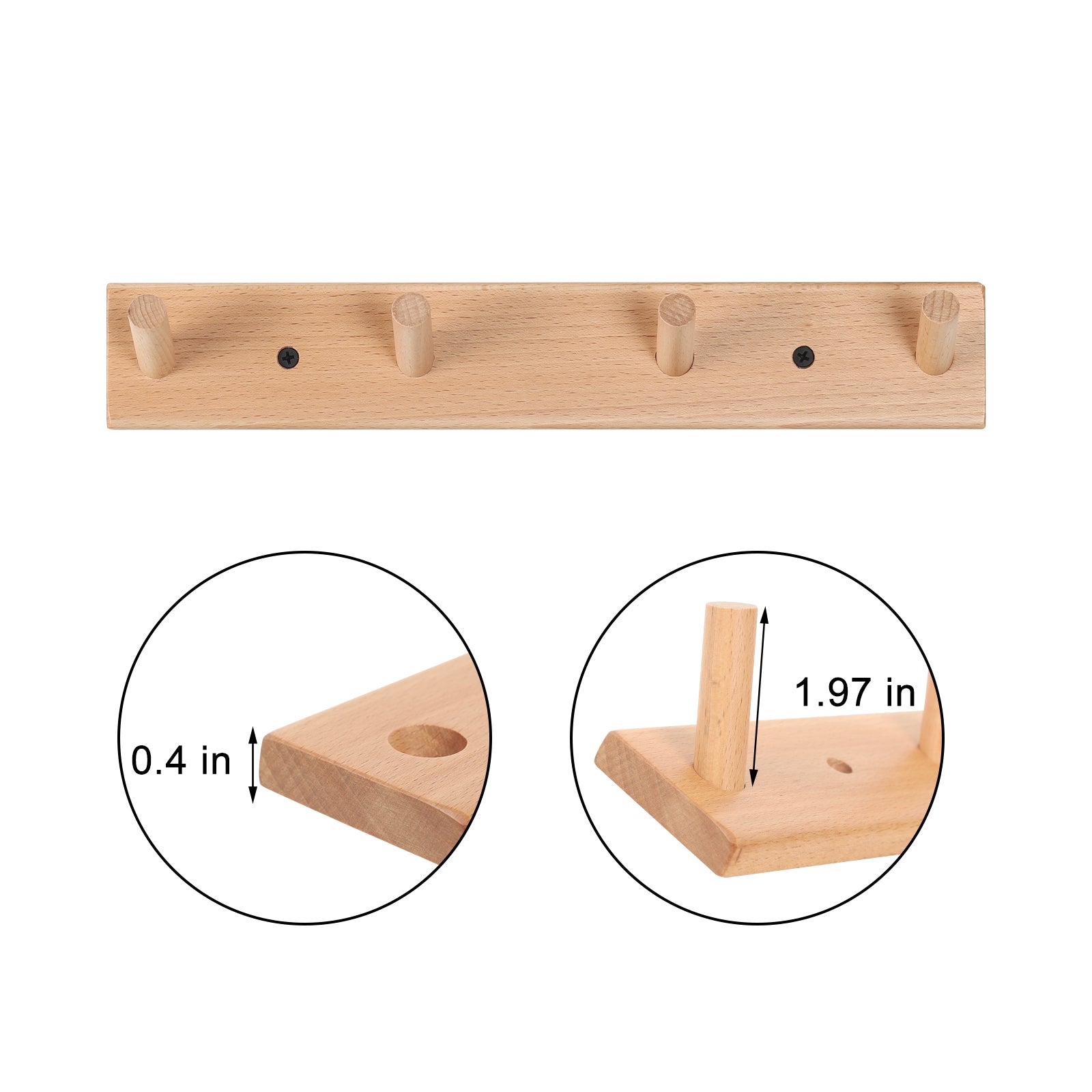 Rustic Solid Beech Wood Peg Coat Hooks 2 Pack, Wall Mount 4-Peg Hanging Rack with Adhesive Glue & Hardware Screws, Minimalist Farmhouse Wall Hanger for Coats, Backpacks, Umbrellas, Towels, Entryway Decor