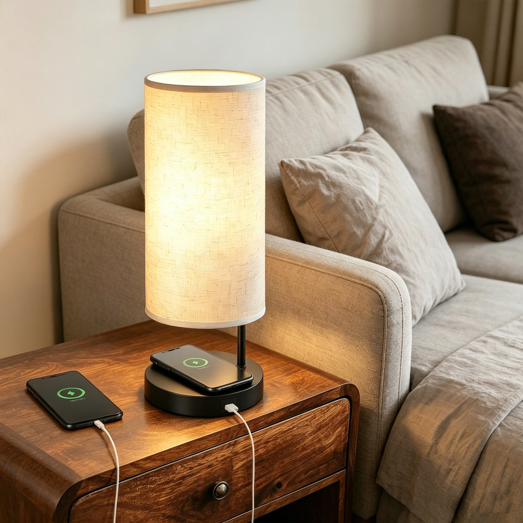 Set of 2 Bedside Nightstand Lamps with Integrated Wireless Charging, USB Port, and Linen Fabric Shades for Home and Office use.