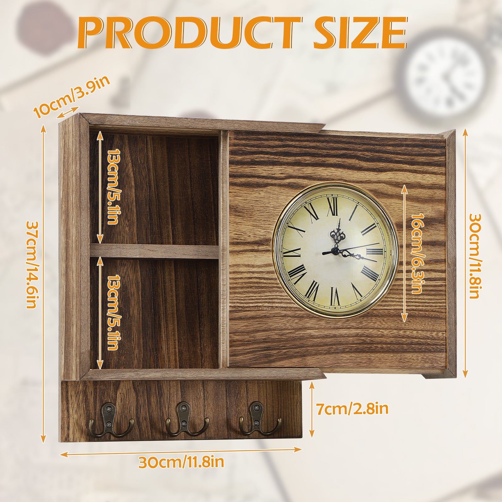 Vintage Wooden Wall Clock with Hidden Storage & Key Hooks, Silent Non-Ticking Roman Numeral Clock for Entryway & Home Decor