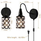 Set of 2 Contemporary Crystal Wall Sconces with Black E26 Base, Plug-in Bedside Mount Fixtures with Sparkling Lampshades for Bedroom, Hallway, and Living Room Decor
