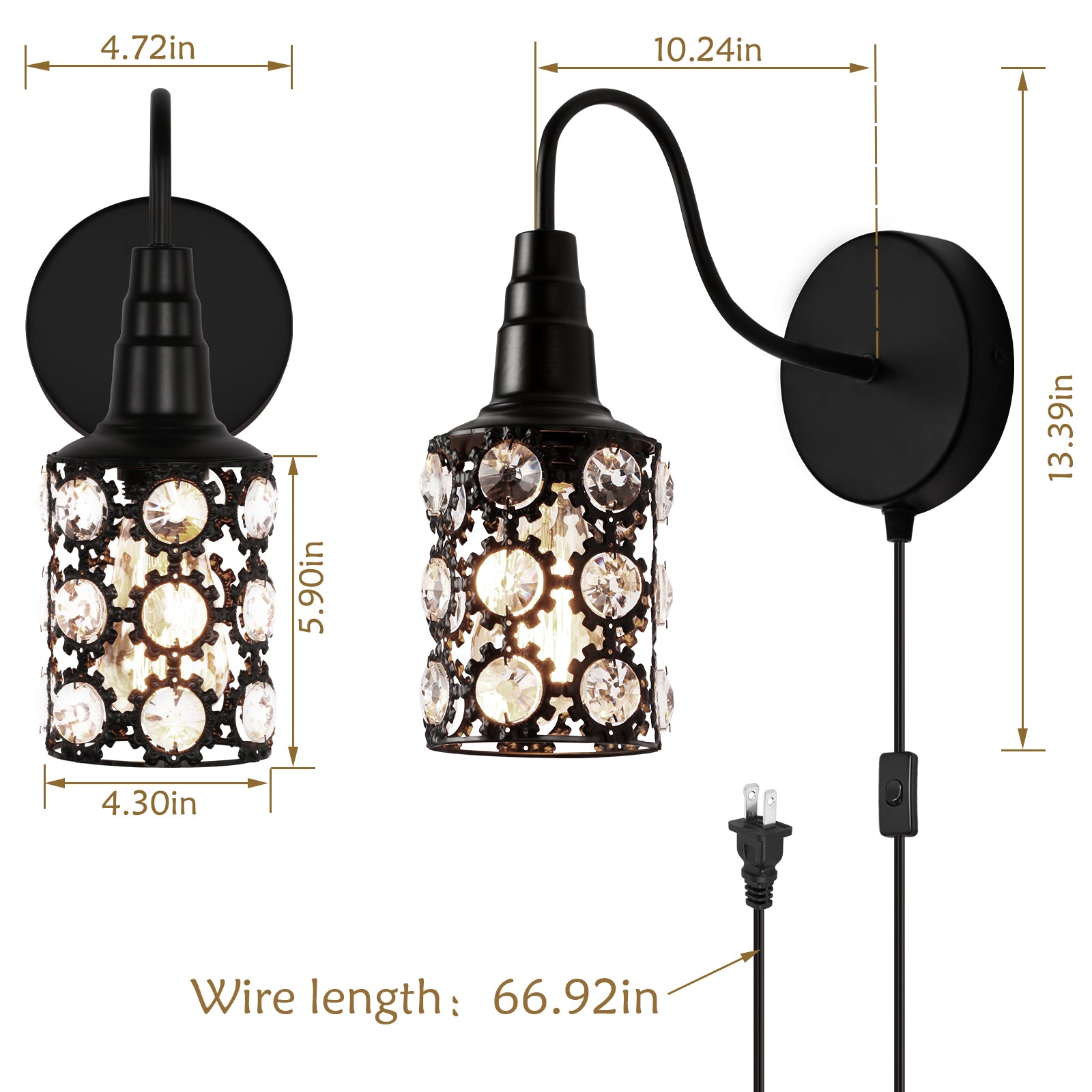 Set of 2 Contemporary Crystal Wall Sconces with Black E26 Base, Plug-in Bedside Mount Fixtures with Sparkling Lampshades for Bedroom, Hallway, and Living Room Decor