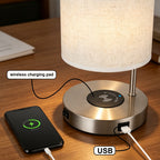 Satin Nickel Nightstand Light with Integrated Wireless Charging Pad and USB Port, Round Linen Fabric Shade Desk Lamp for Bedroom, Living Room, or Home Office