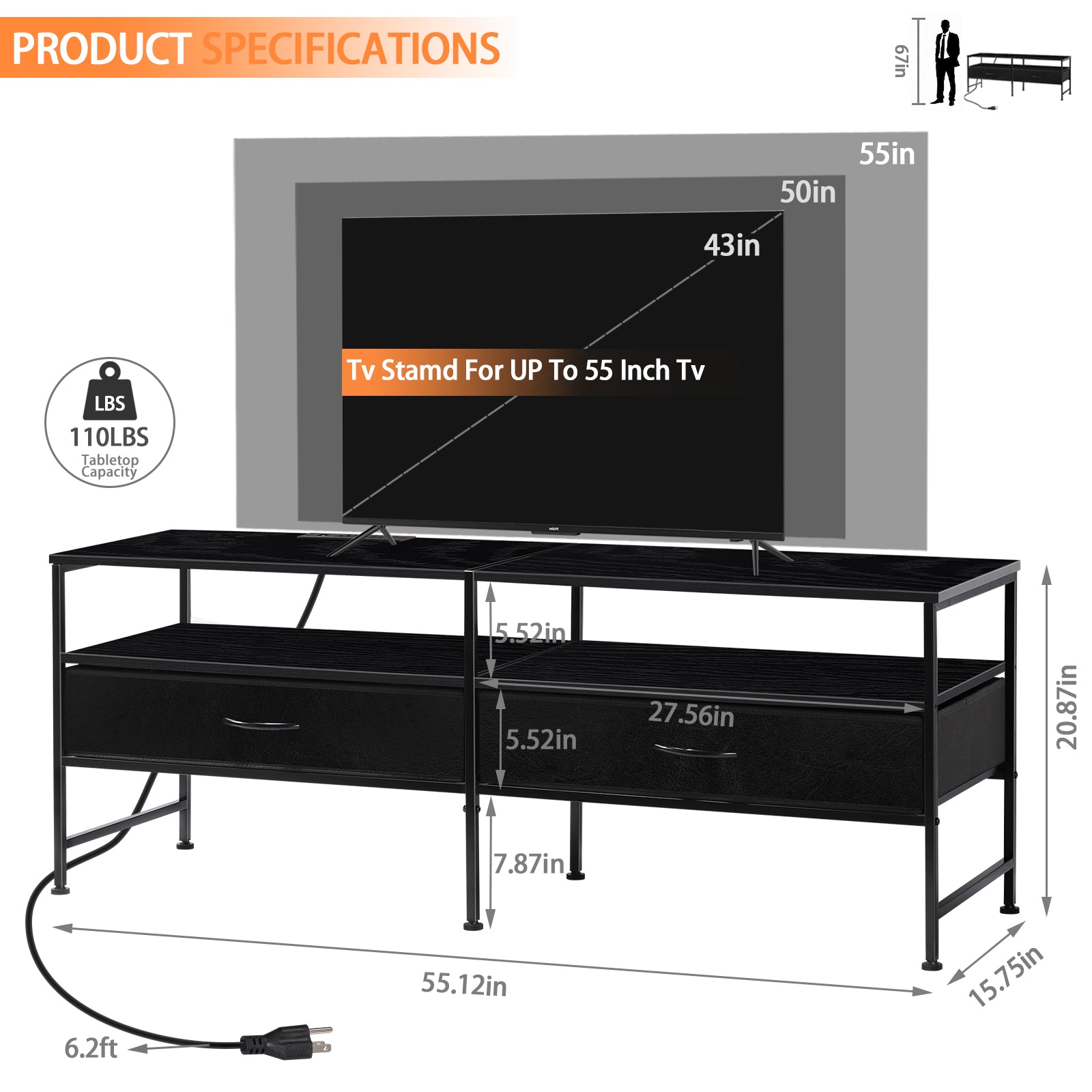 TV Cabinet. Suitable for TVs Up To 55 in. Entertainment Center, Industrial Media TV Cabinet Table. with Open Storage Shelves for Living Room, Bedroom TV Stand, Black