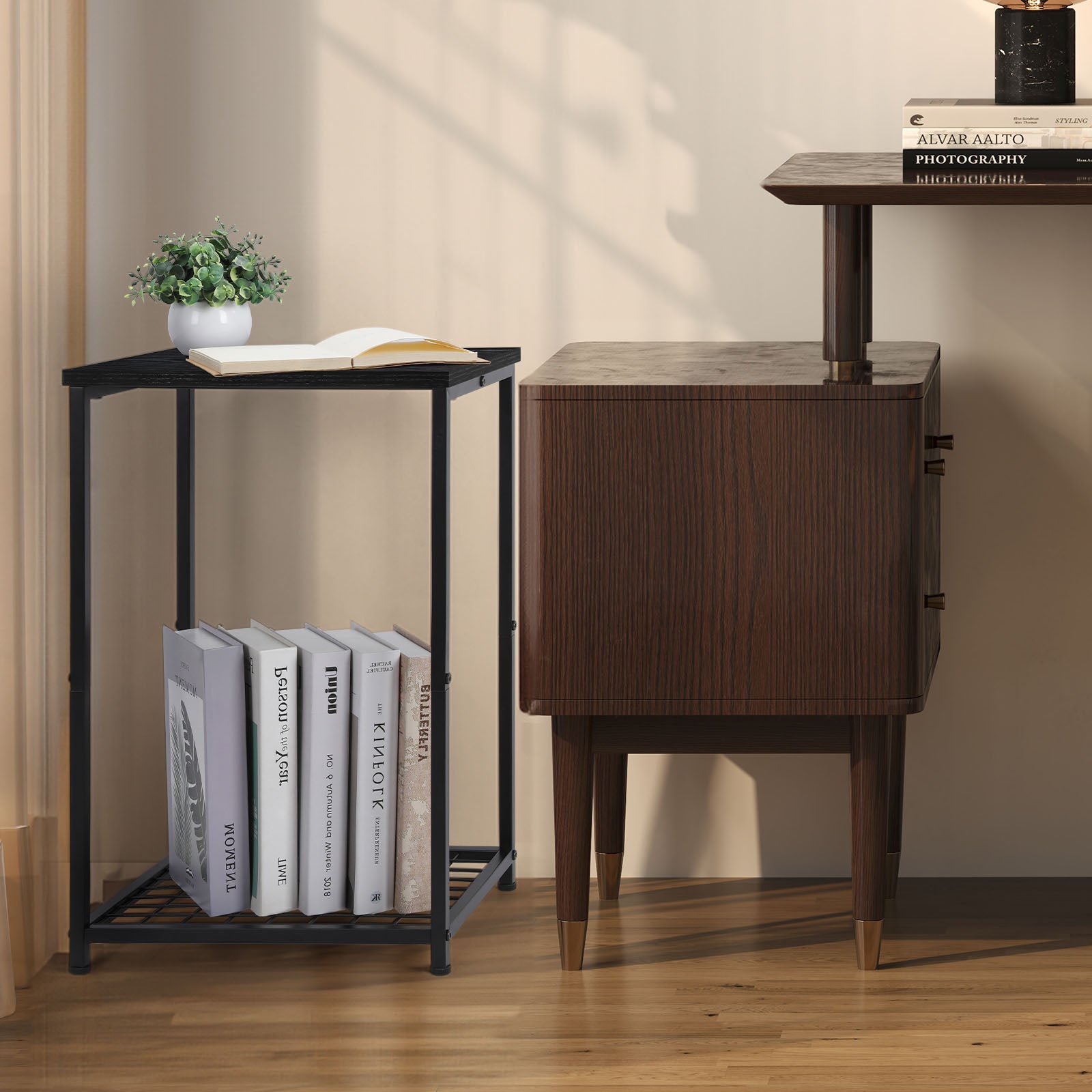 Black Nightstands Set of 2 Side Table Living Room for Small Spaces Narrow Bedside Tables and Small End Table Sets with Open Storage Shelves for Bedroom Guest Room Decor