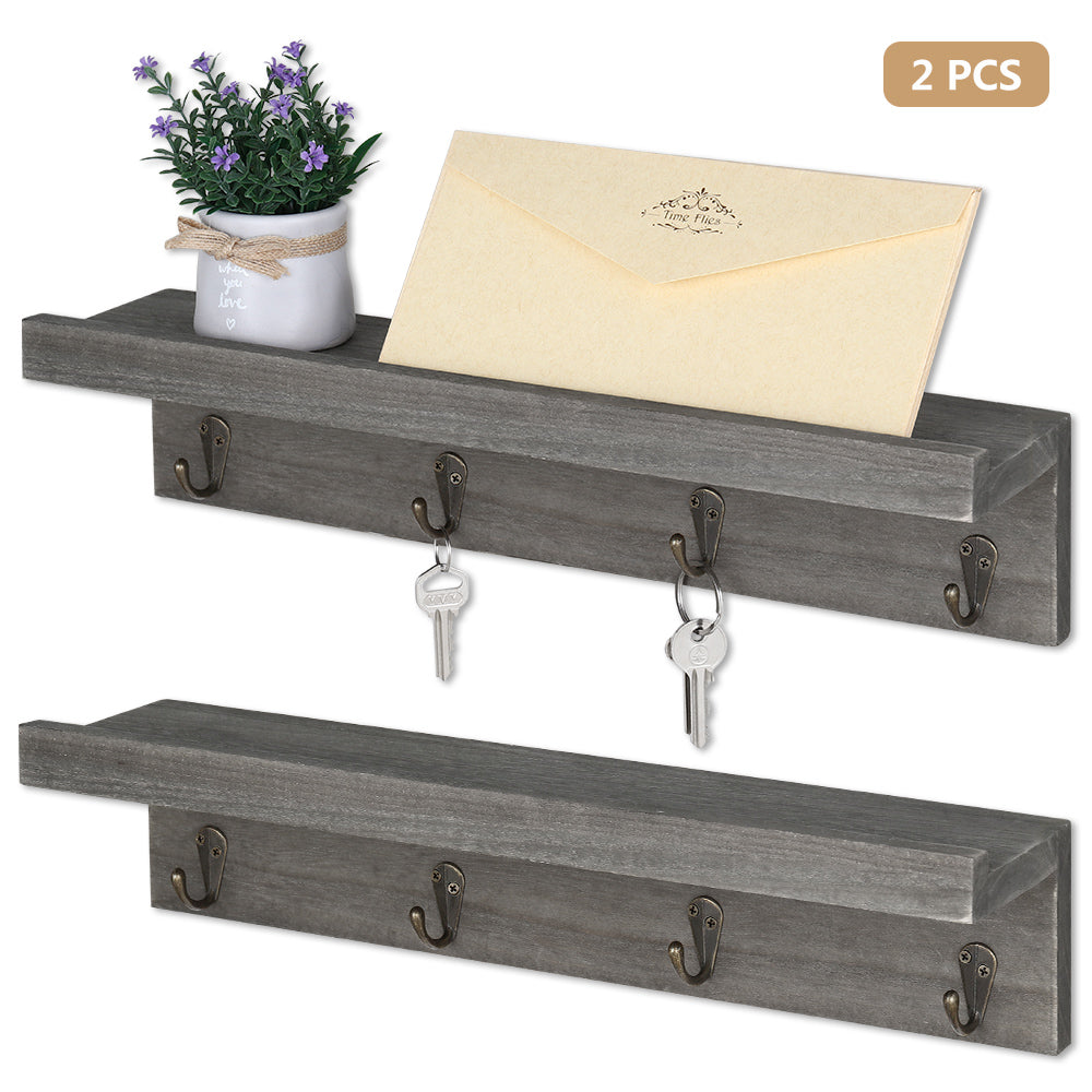 Set of 2 Wall-Mounted Entryway Organizers with 8 Hanging Hooks and Wooden Storage Ledge for Accessories, Dark Gray