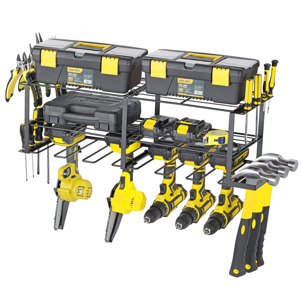 Power Tool Organiser with 6 Drill Holders, Garage Tool Organiser and Storage Rack, Wall Mounted Power Tool Rack, Heavy Duty Metal Tool Rack, Free Standing Tool Rack