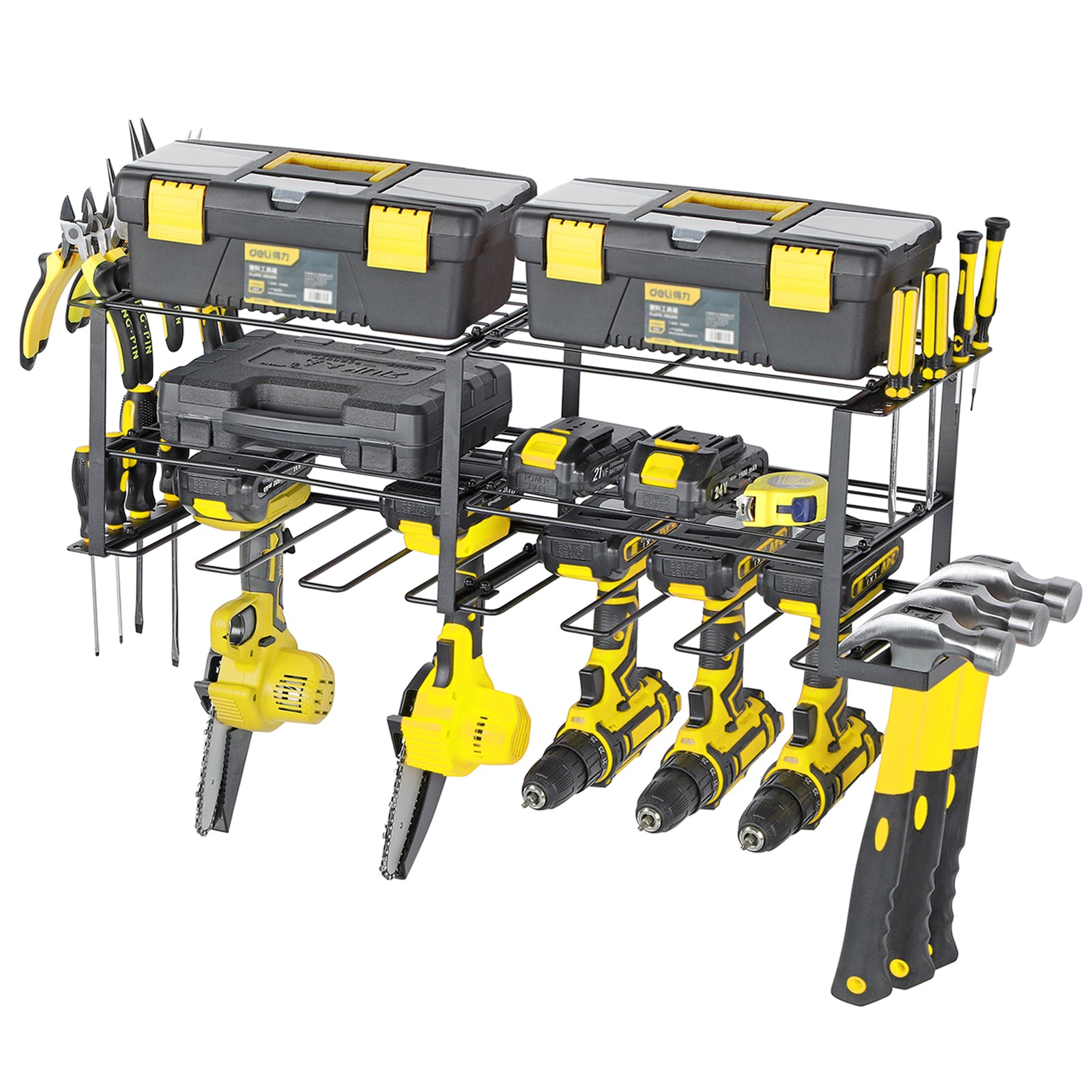 Power Tool Organiser with 6 Drill Holders, Garage Tool Organiser and Storage Rack, Wall Mounted Power Tool Rack, Heavy Duty Metal Tool Rack, Free Standing Tool Rack