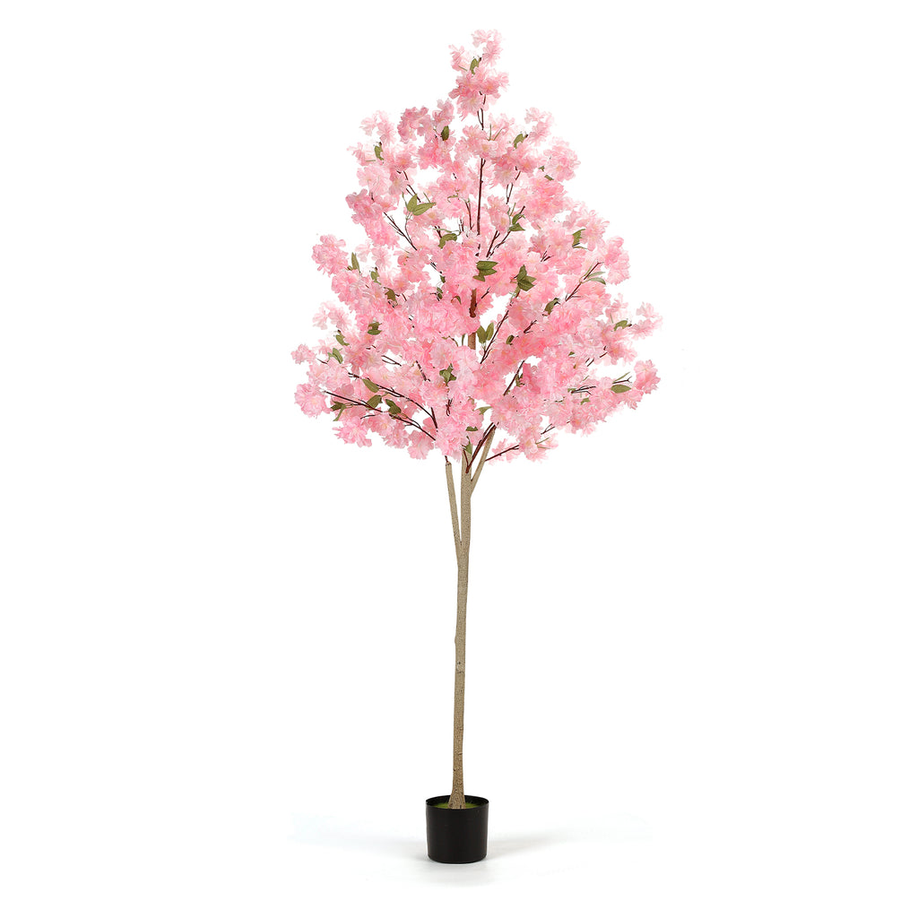 6FT Artificial Cherry Blossom Tree, Lifelike Pink Silk Faux Sakura Tree with Moss Covered Plastic Planter Pot, No Maintenance Fake Flower Tree Decor for Home Living Room Office Wedding Garden Party Indoor Outdoor