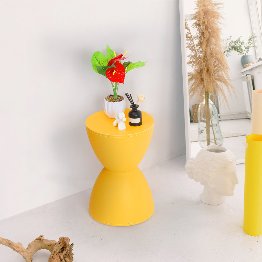 17-Inch Design Plastic Hourglass Side Table, Modern Round Multi-Purpose Stool for Outdoor Vanity and Shoe Bench in Bright Yellow or Blue, Ideal for Contemporary Living Room Bedroom Decor