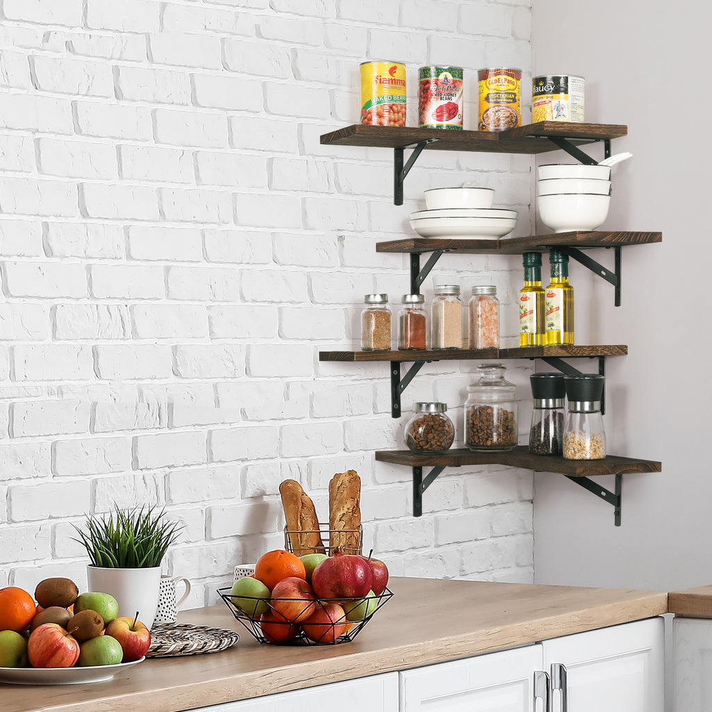 Set of 4 Rustic Floating Corner Shelves - L-Shaped Wood Wall Storage Organizers - Decorative Display Shelves for Bedroom, Living Room & Office
