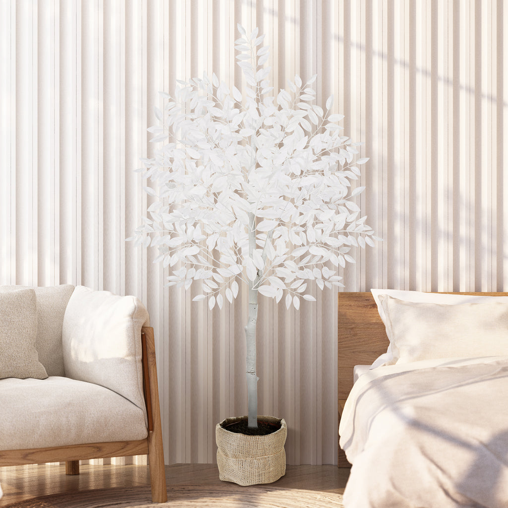 6ft Artificial Ficus Tree with White Silk Leaves, Tall Unique White Faux Plant in Pot for Modern Wedding & Home Office Decor