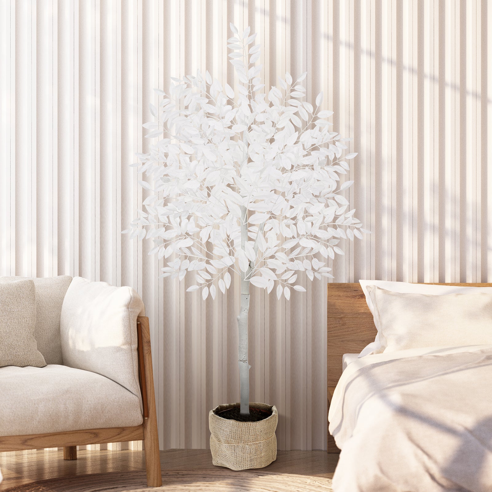 6ft Artificial Ficus Tree with White Silk Leaves, Tall Unique White Faux Plant in Pot for Modern Wedding & Home Office Decor