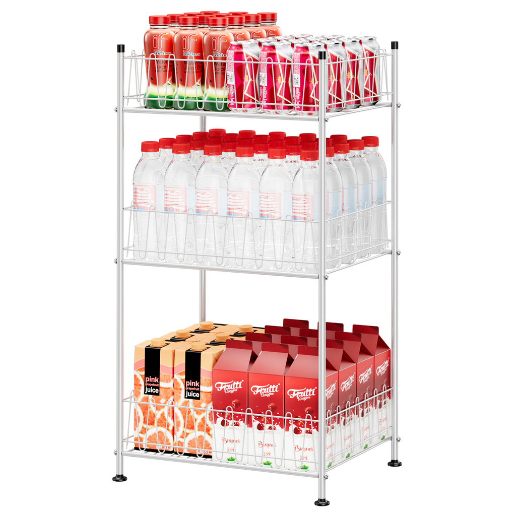 3-Tier Vertical Water Bottle Organizer - Freestanding Metal Drink Storage Shelf for Pantry, Silver