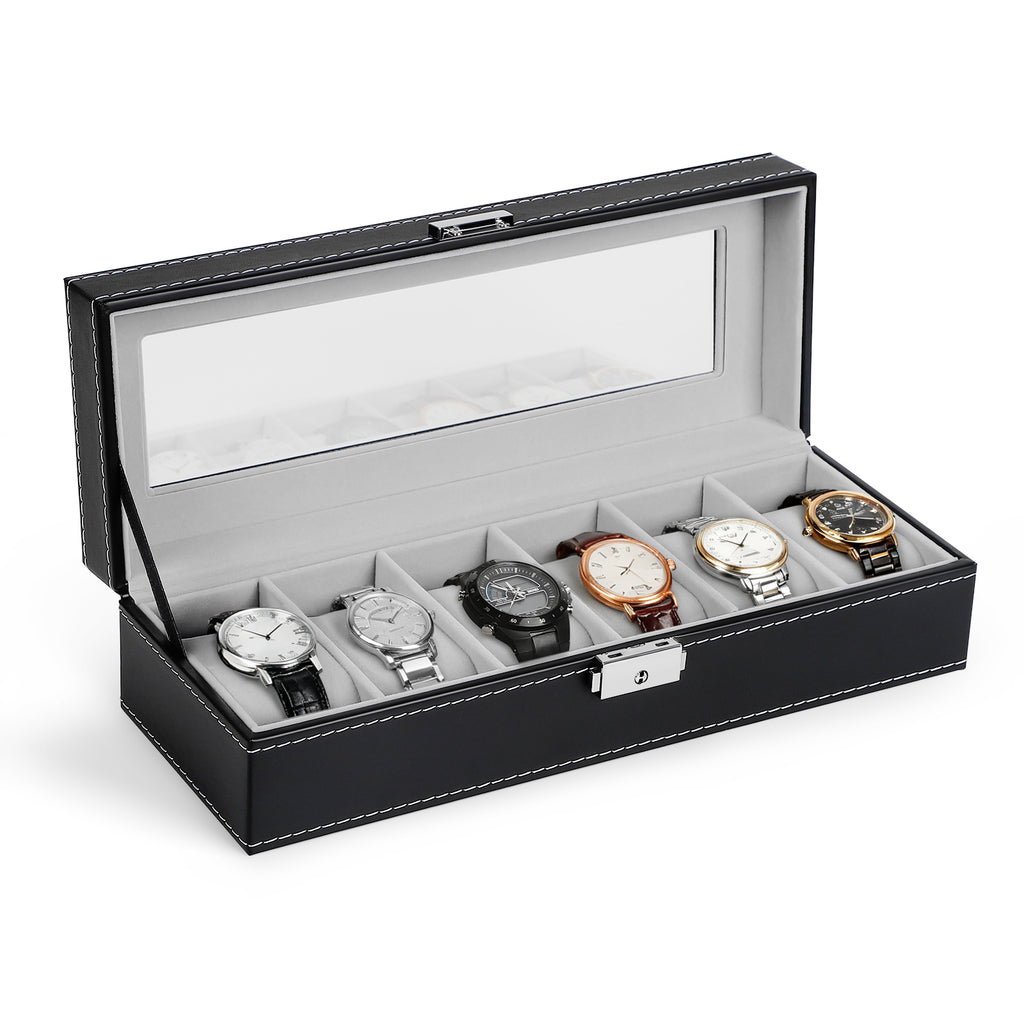 6-Slot Watch Box | Vegan Leather Display Case with Glass Viewing Top