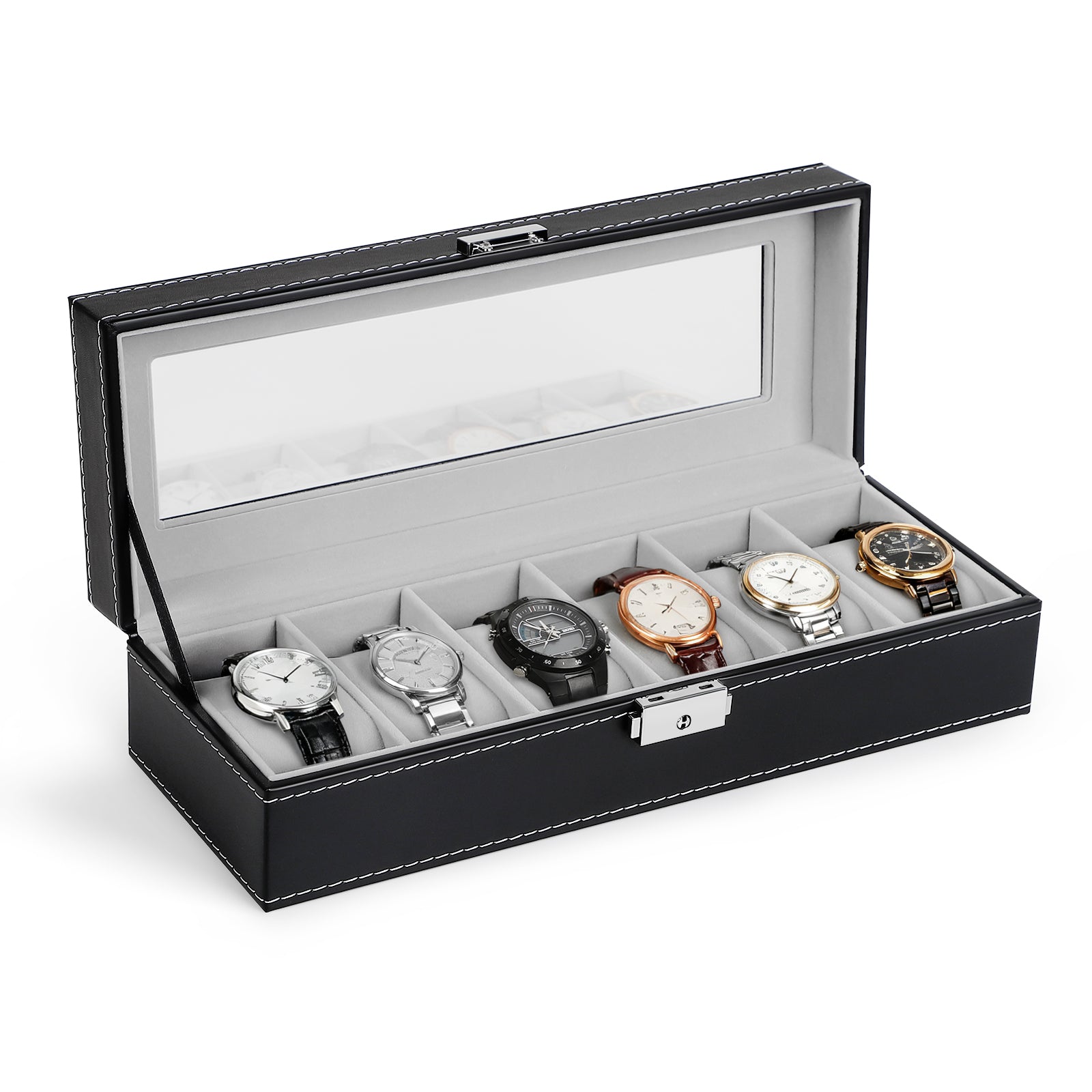 6-Slot Watch Box | Vegan Leather Display Case with Glass Viewing Top