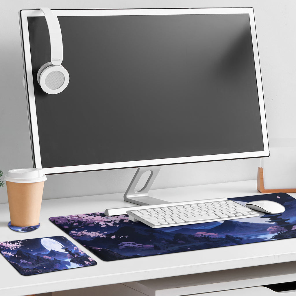 3-Piece Japanese Pagoda Desk Mat Set, Moonlight & Cherry Blossoms Extended Mouse Pad with Coaster