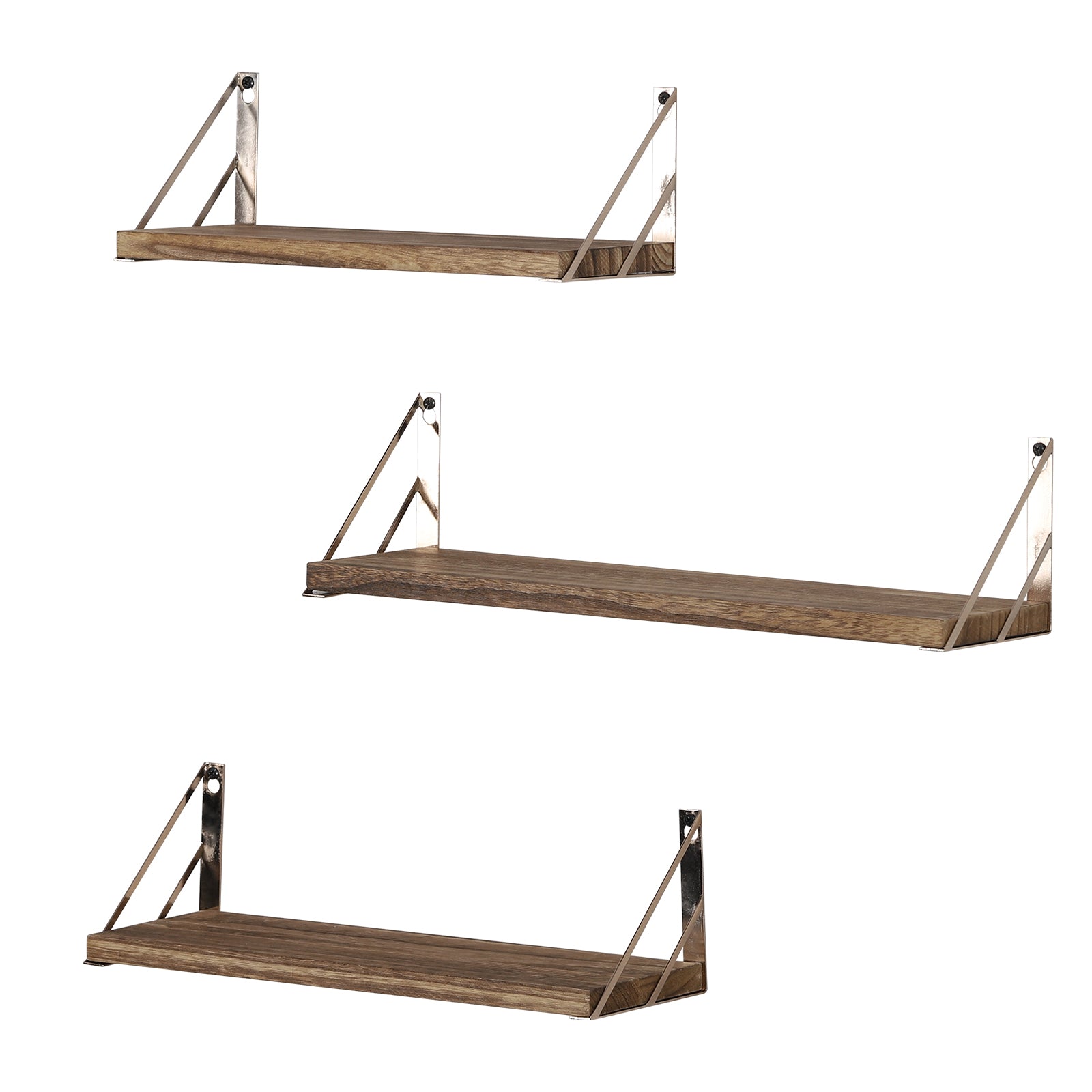 3-Piece Floating Wood Wall Shelves with Industrial Metal Supports, Versatile Brown Hanging Storage Racks for Bed, Bath, and Kitchen Organization