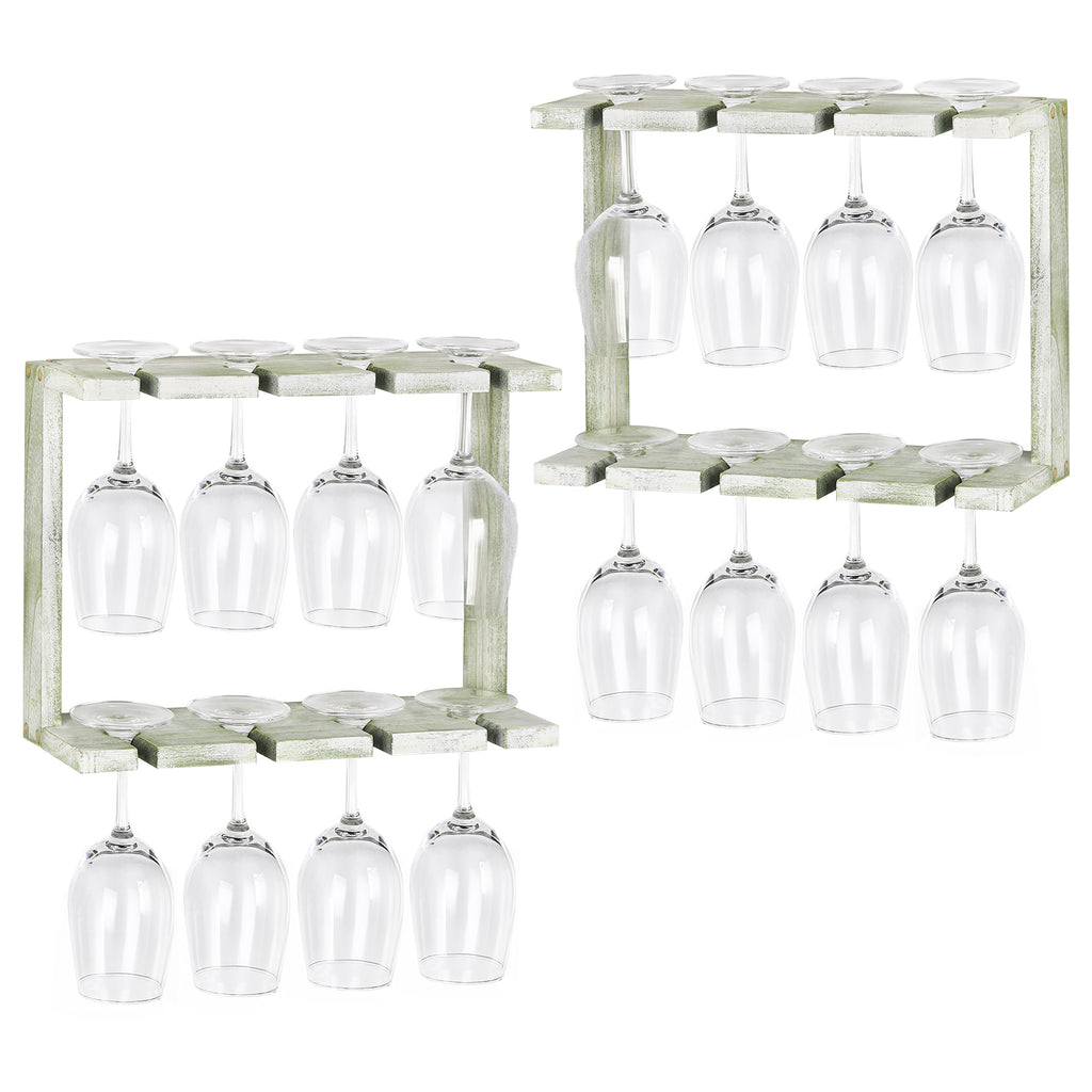 Wine Glass Rack Wall Mounted with Wood 2-Tier Champagne Holder Wall Stemware Storage Rack Set of 2 Hanging Goblet Holder Shelf for Bar, Kitchen, 16 Wine Glass Organizer, Olive Green