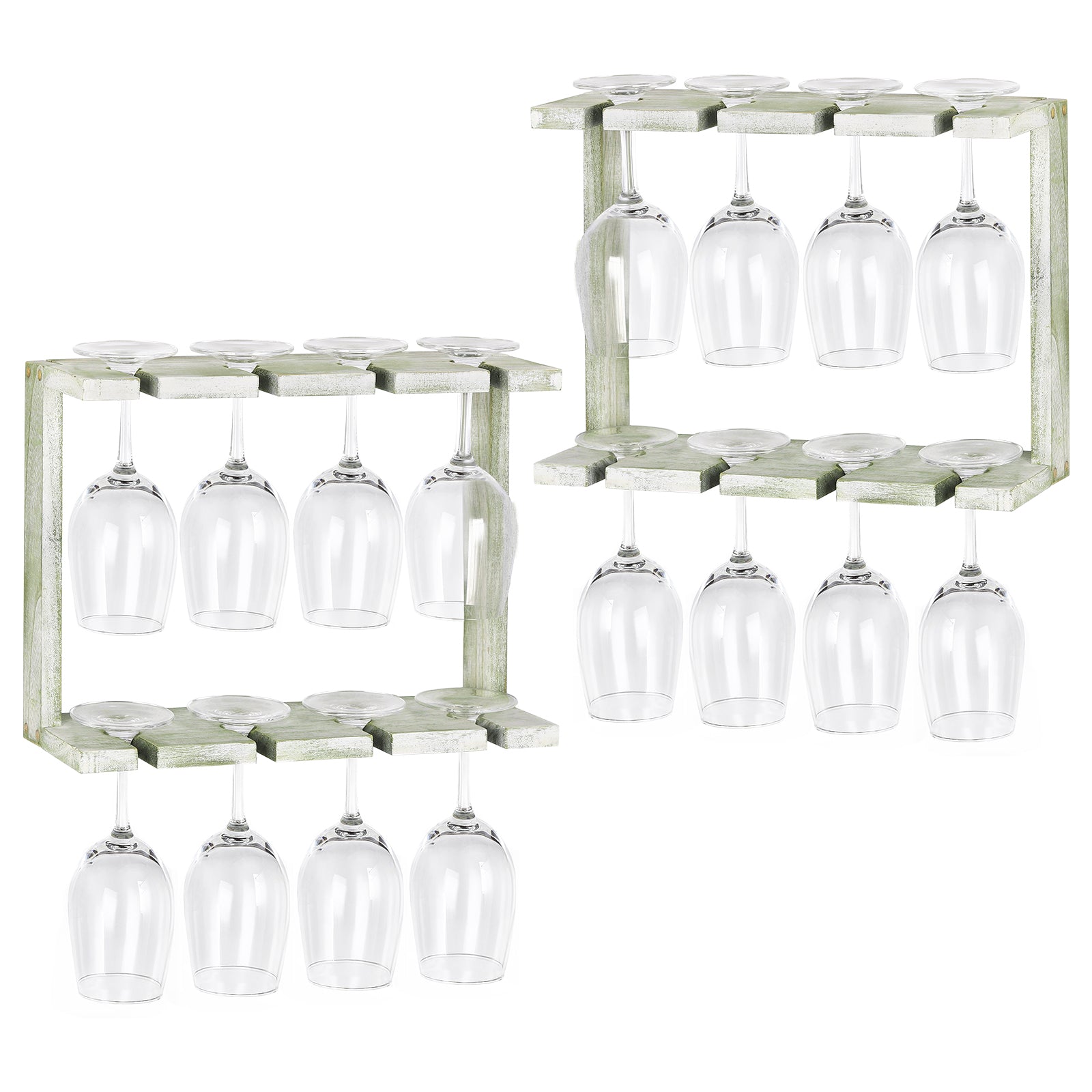 Wine Glass Rack Wall Mounted with Wood 2-Tier Champagne Holder Wall Stemware Storage Rack Set of 2 Hanging Goblet Holder Shelf for Bar, Kitchen, 16 Wine Glass Organizer, Olive Green