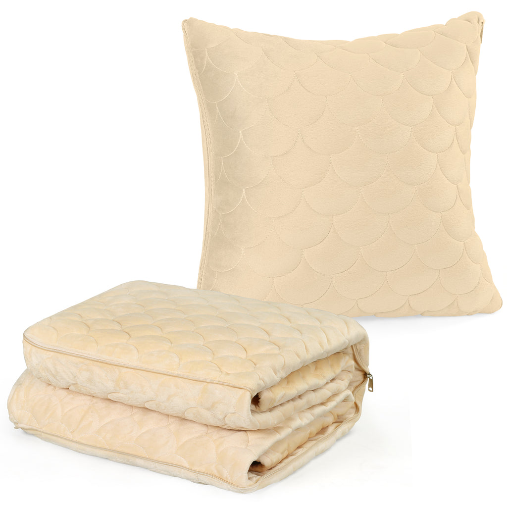 2-in-1 Convertible Travel Blanket Pillow, 60x80 Inch Soft Fleece Throw, Portable Cushion Blanket for Camping, Airplane, Car, Sofa, Gray and Beige