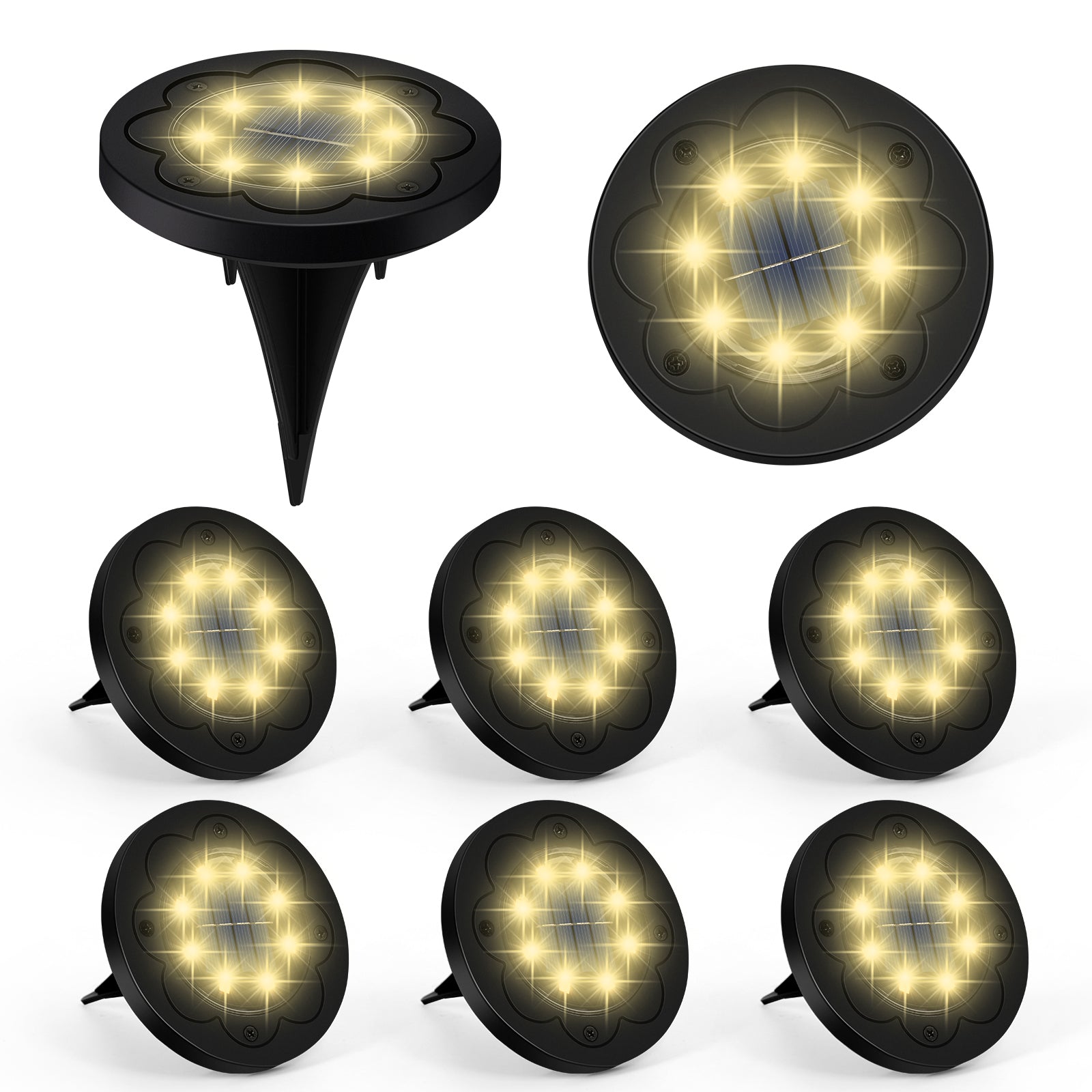 Flower Shaped 8‑LED Solar Ground Lights 8‑Pack, Waterproof Outdoor Buried Disk Lights