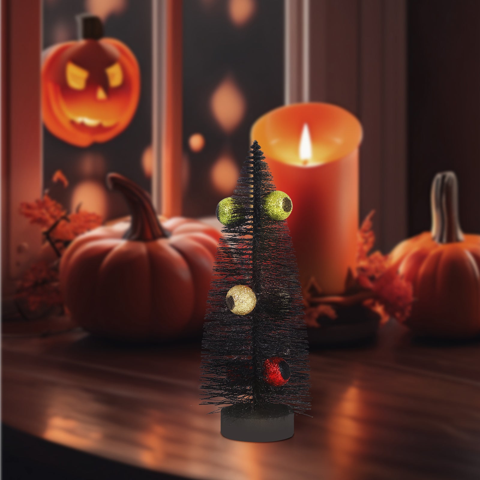 Mini Black Halloween Tree with Glitter Eyeballs, Spooky Tabletop Decoration for Halloween