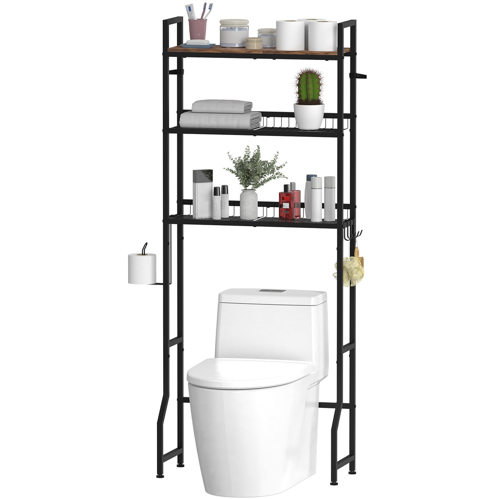 Iron & Oak 3-Tier Over-the-Toilet Organizer | Industrial Space-Saving Bathroom Station with Integrated Paper Holder
