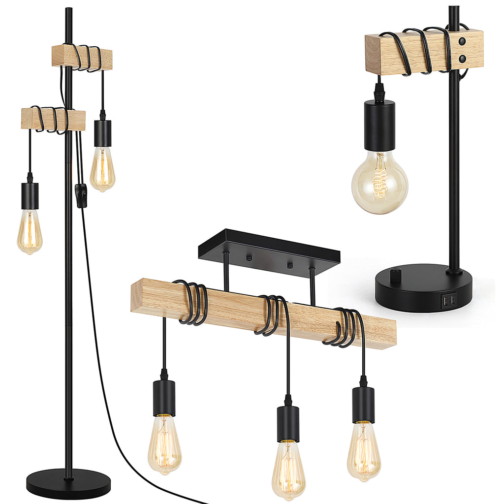 3-Piece Lighting Collection: Includes 66" Industrial Floor Lamp, 3-Light Ceiling Fixture, and Bedside Table Lamp with Dual USB Ports (Bulbs Not Included)
