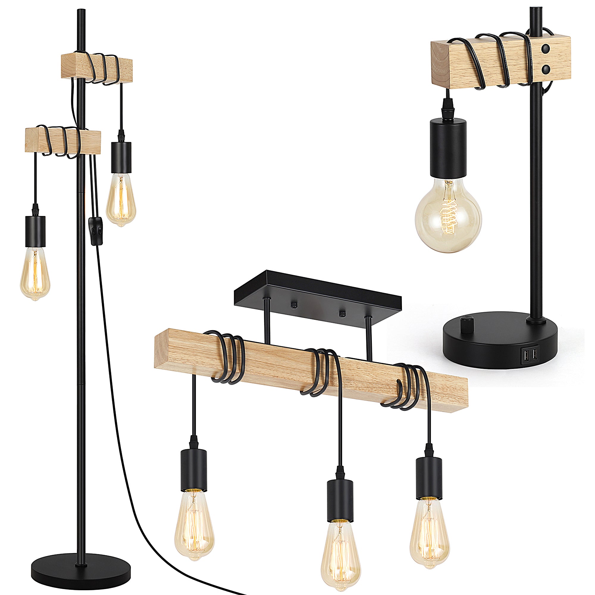 3-Piece Lighting Collection: Includes 66" Industrial Floor Lamp, 3-Light Ceiling Fixture, and Bedside Table Lamp with Dual USB Ports (Bulbs Not Included)