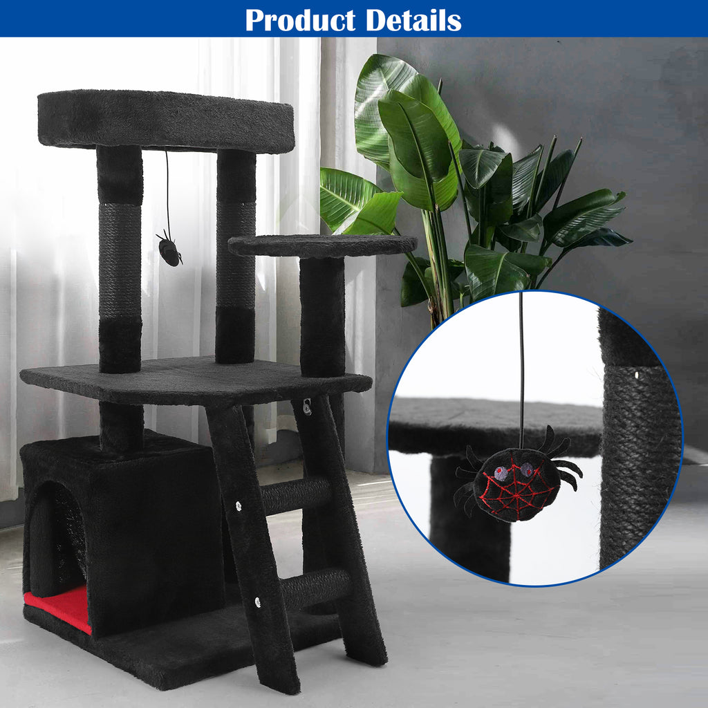 Gothic Cat Tree Tower with Coffin Bed & Spider Toy - 32" Multi-Level Kitty Condo with Scratching Posts & Ladder for Small to Medium Cats, Black